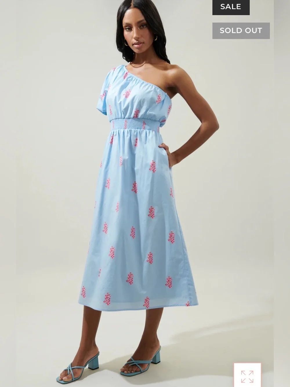 SUGARLIPS Gelato Baby Blue Pink Floral Bridgette Cotton One Shoulder Midi Dress - Picture 3 of 13
